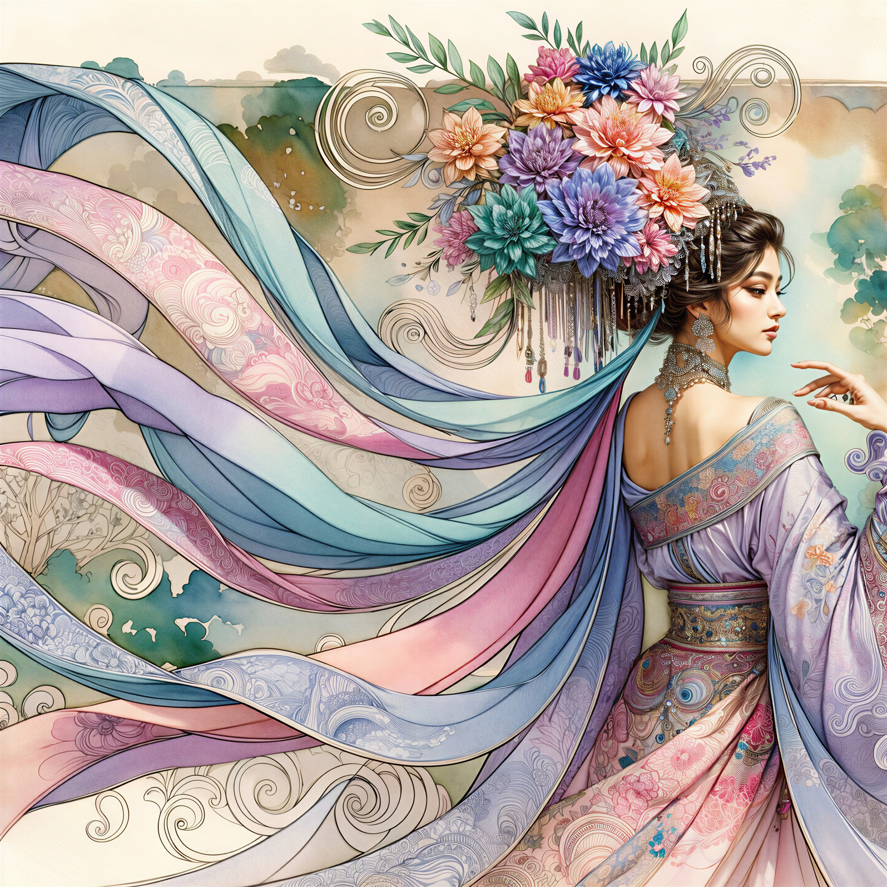 Graceful figure in patterned robes with floral headdress