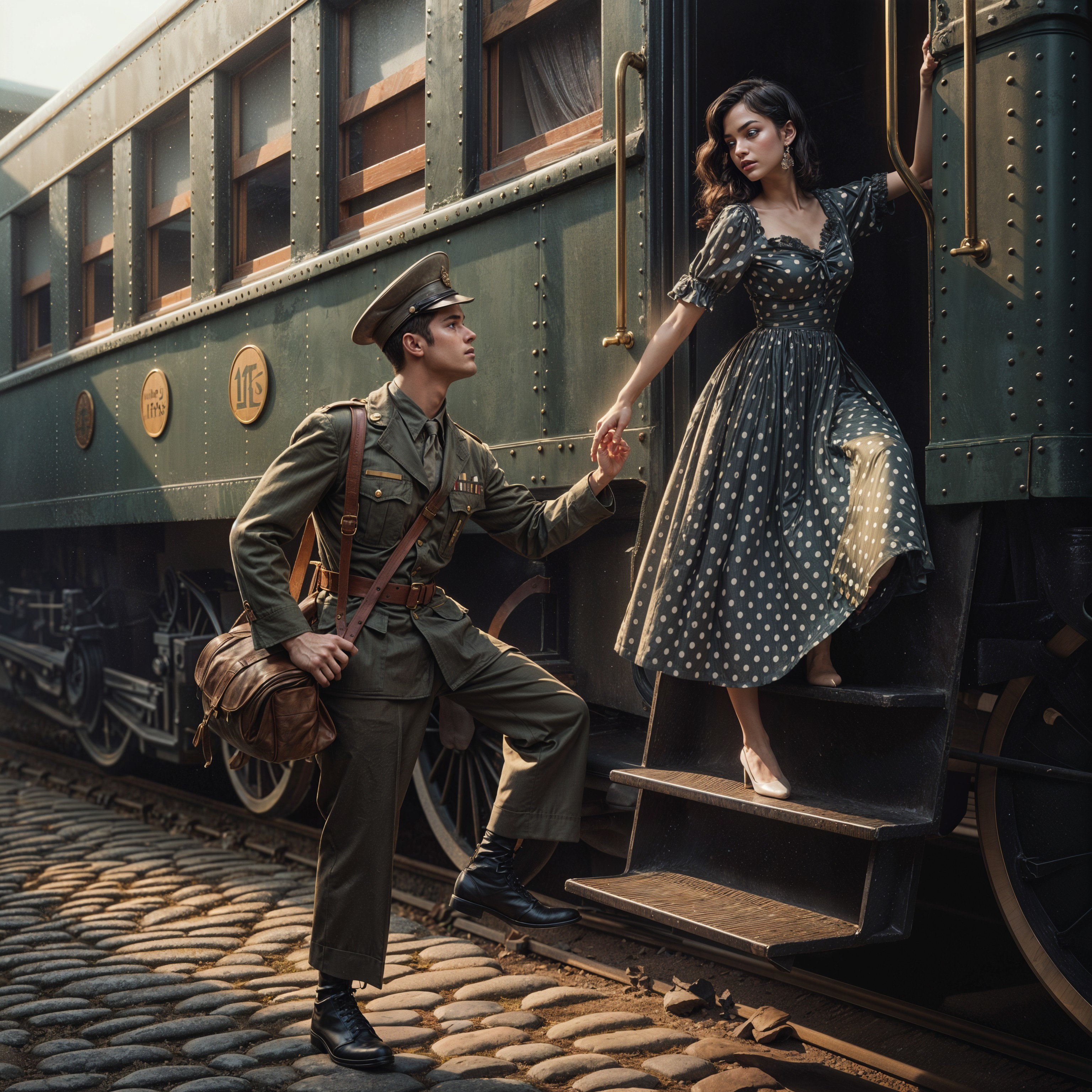 Soldier Assists Woman onto Classic Train at Sunset