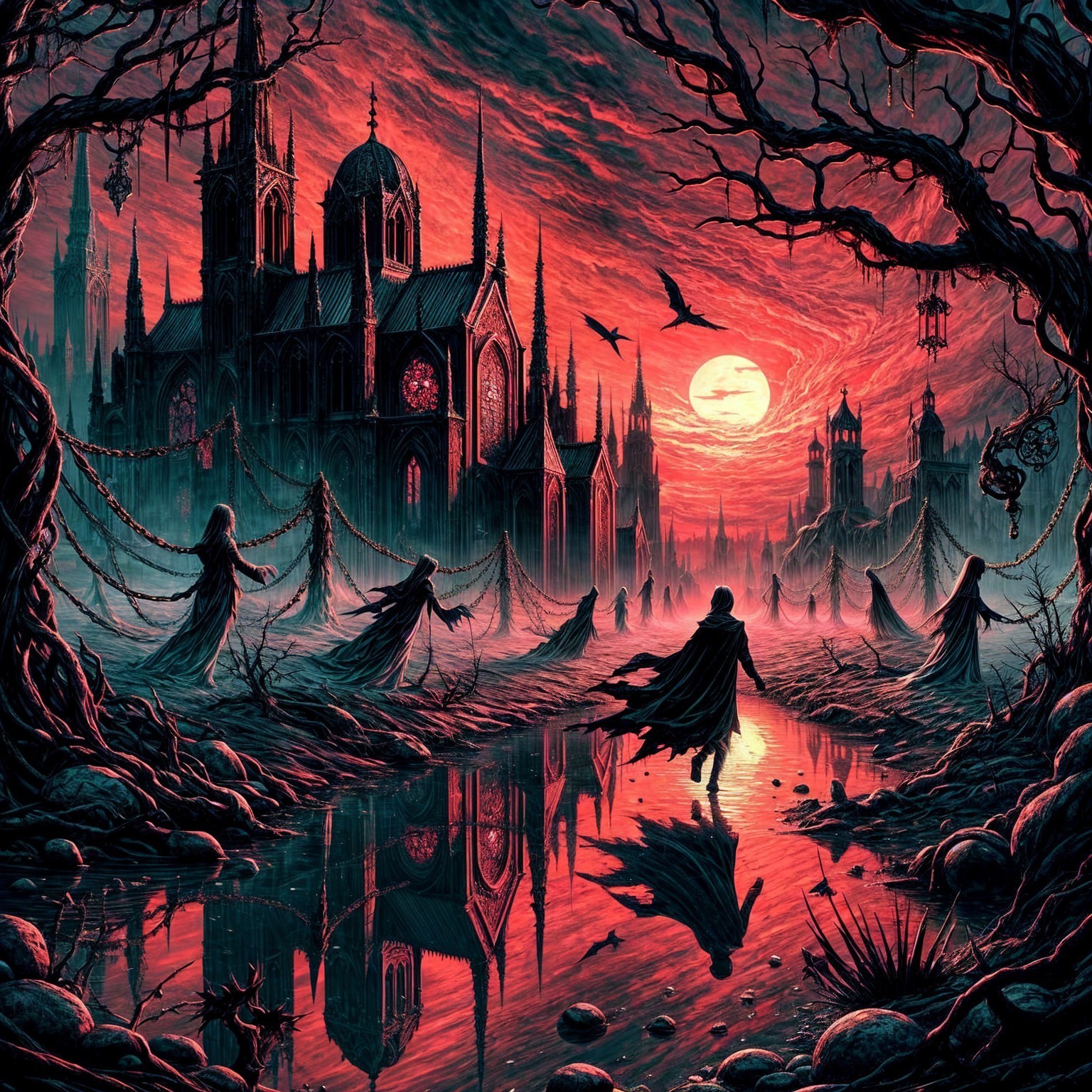 Gothic Landscape with Eerie Cathedral and Shadows