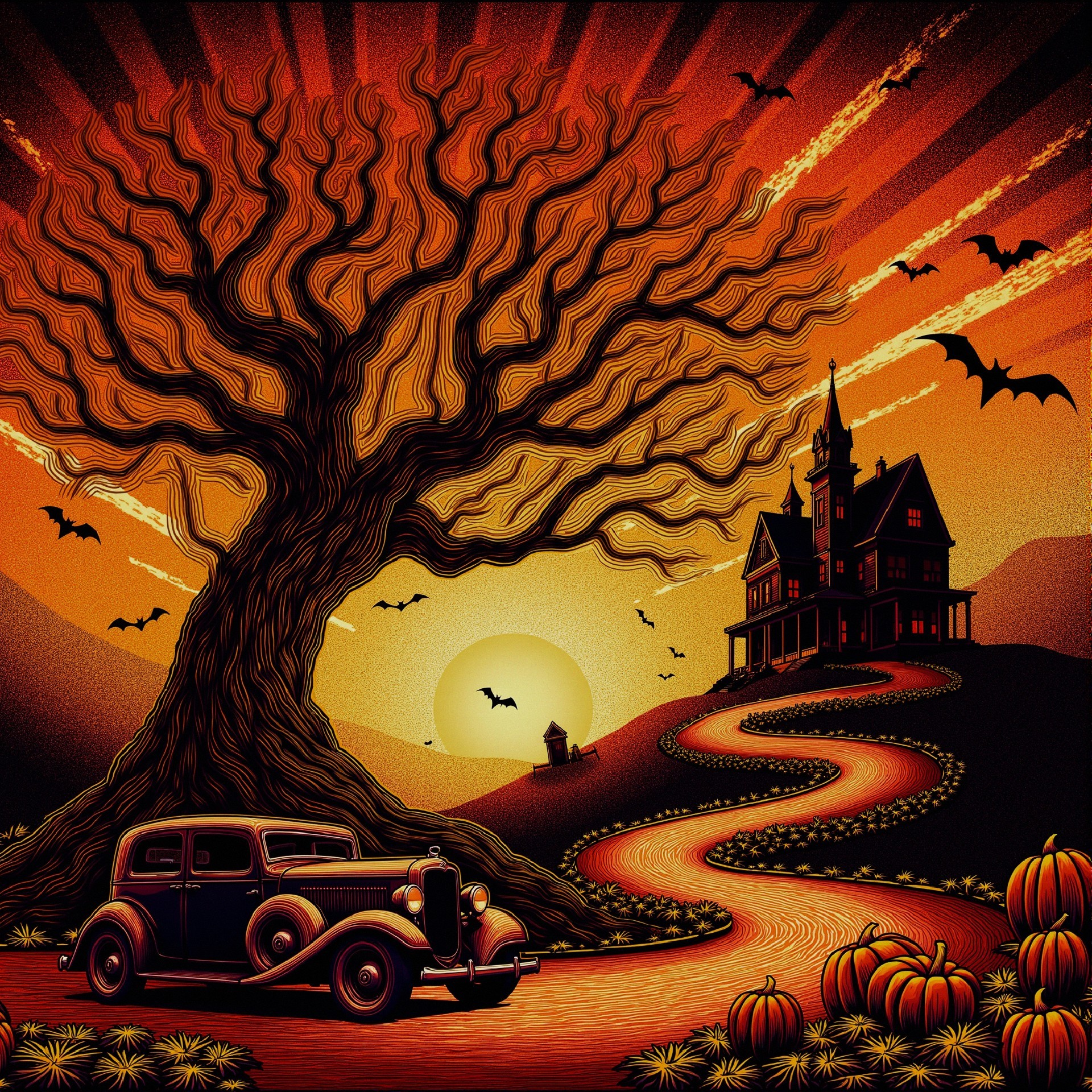 Halloween Scene with Tree, Mansion, and Pumpkins
