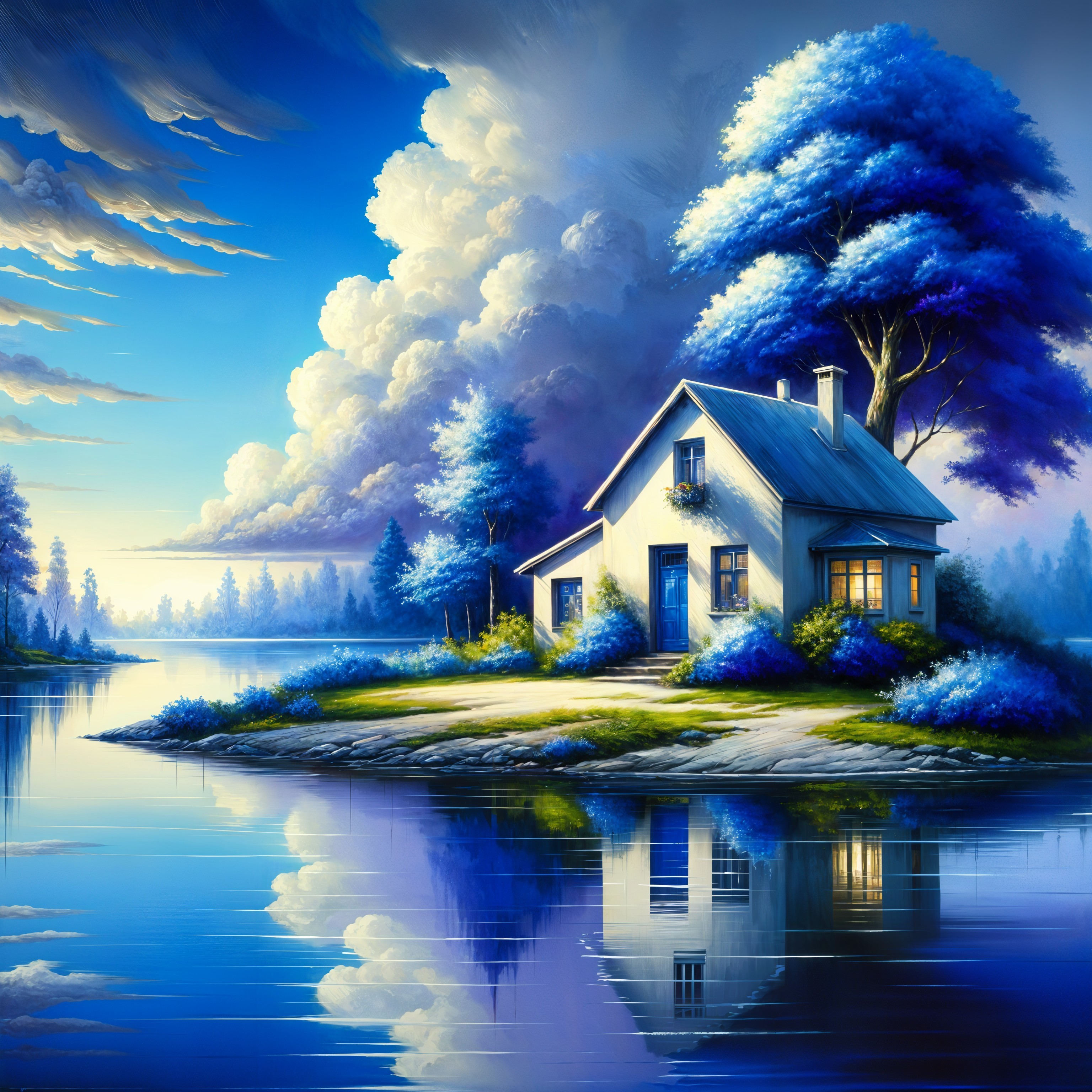 Serene Island Landscape with White House and Blue Trees