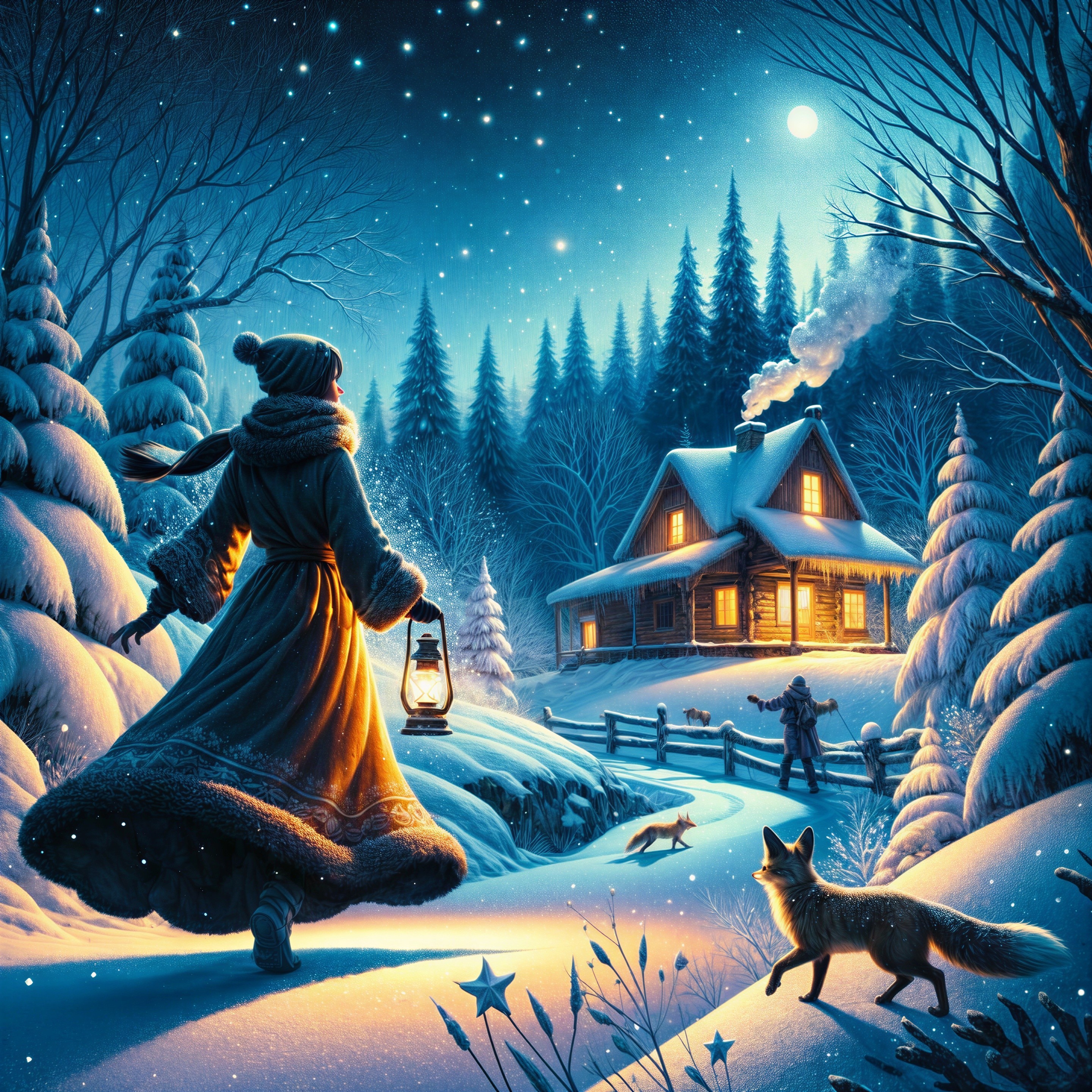 Winter Cabin Scene with Snow, Lantern, and Foxes