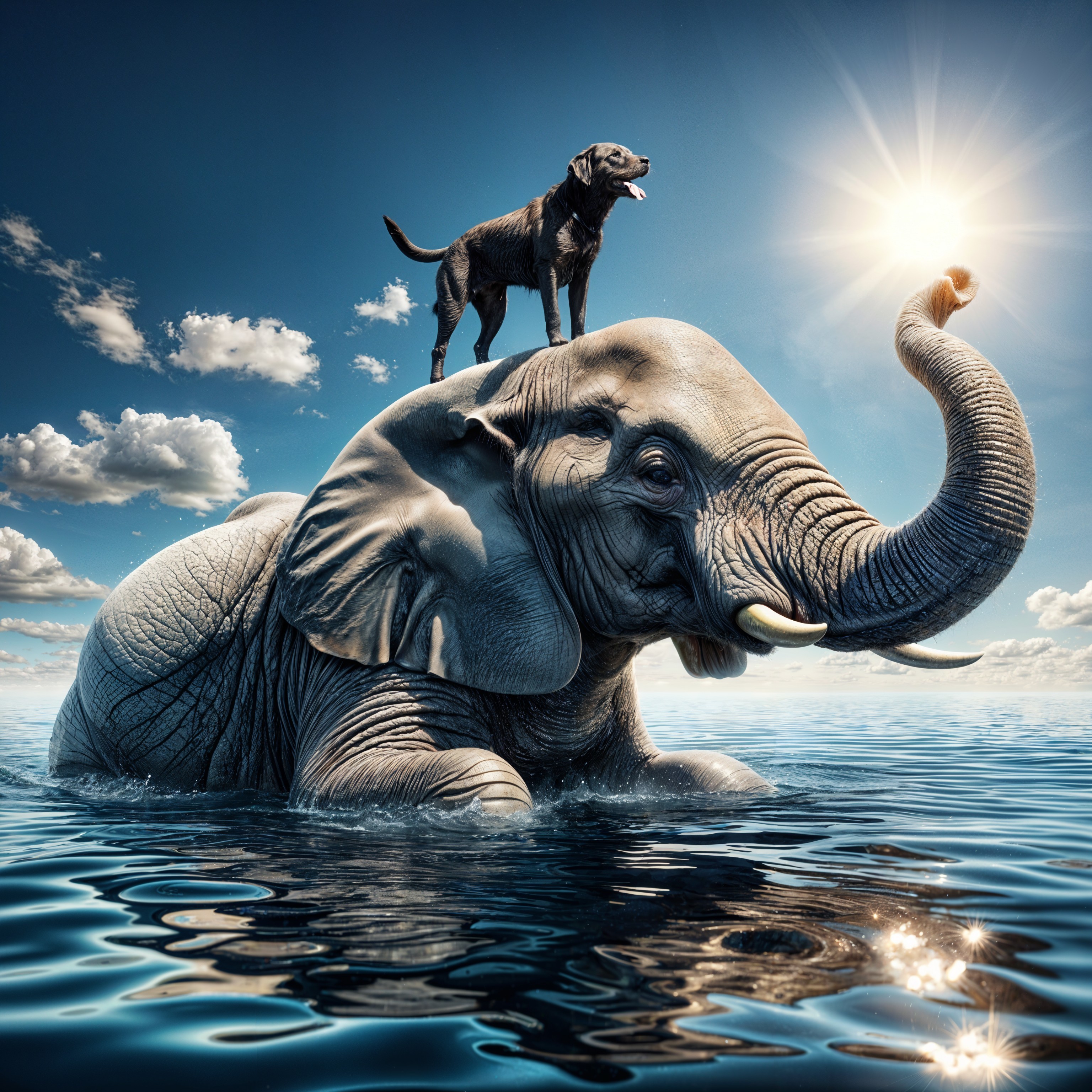 Surreal Scene of Elephant and Dog in Sparkling Water