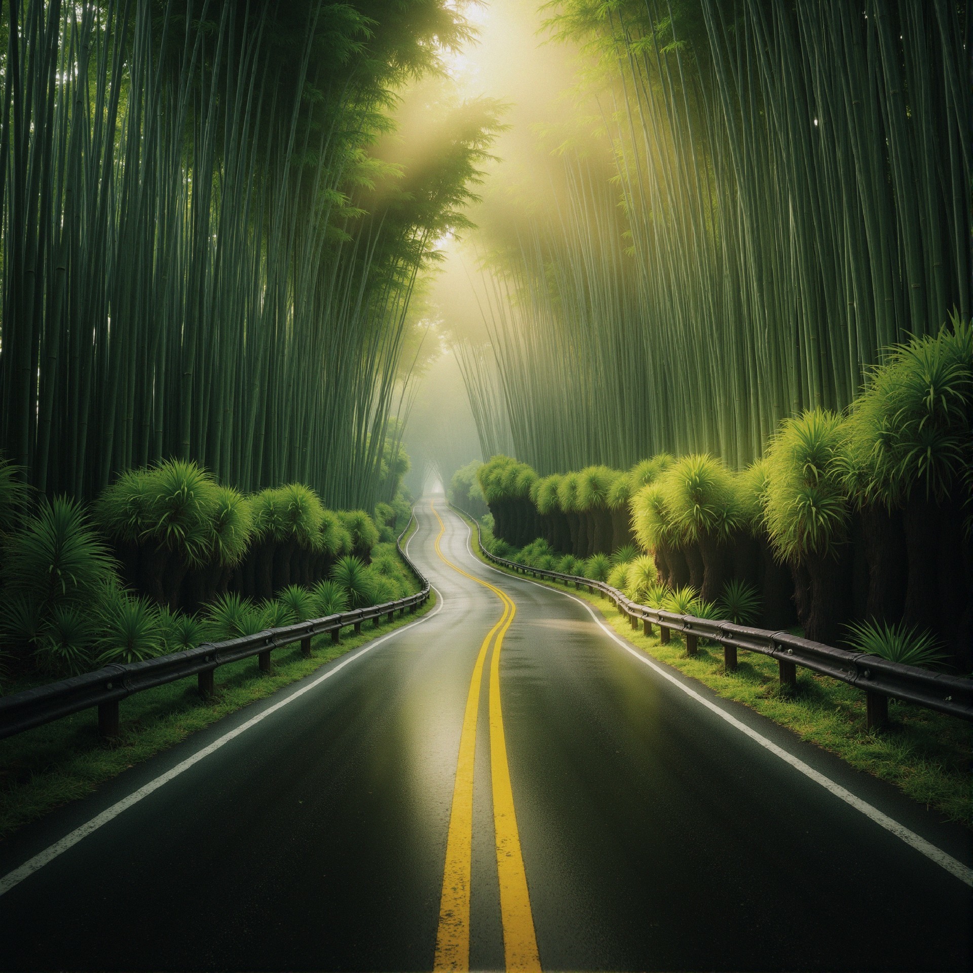 Winding Road Through Lush Bamboo Forest Canopy