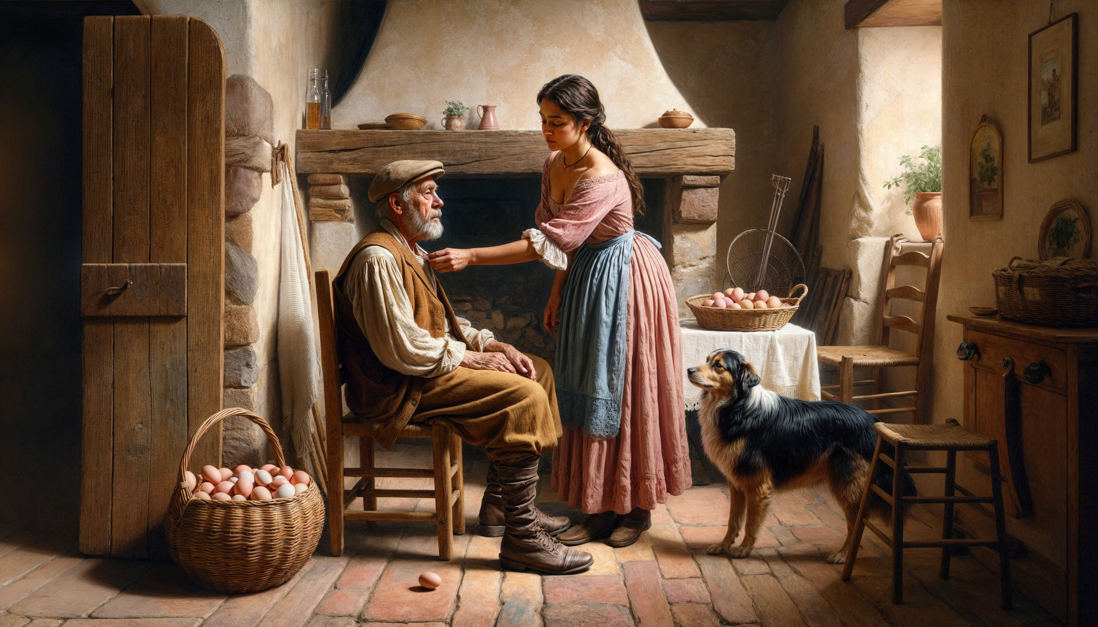 Elderly Man and Young Woman in Rustic Kitchen Scene