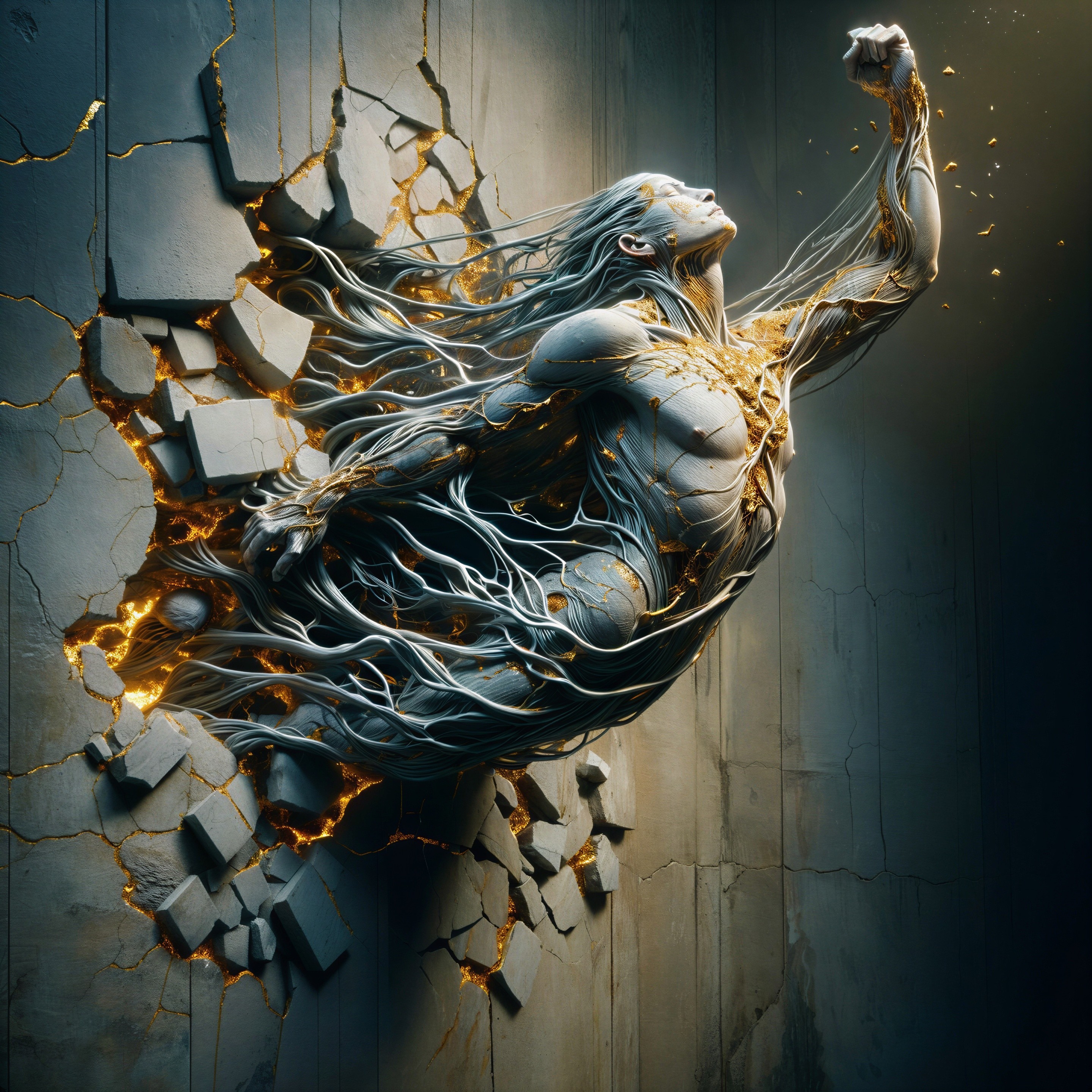 Surreal Figure Emerging from a Cracked Wall with Tendrils