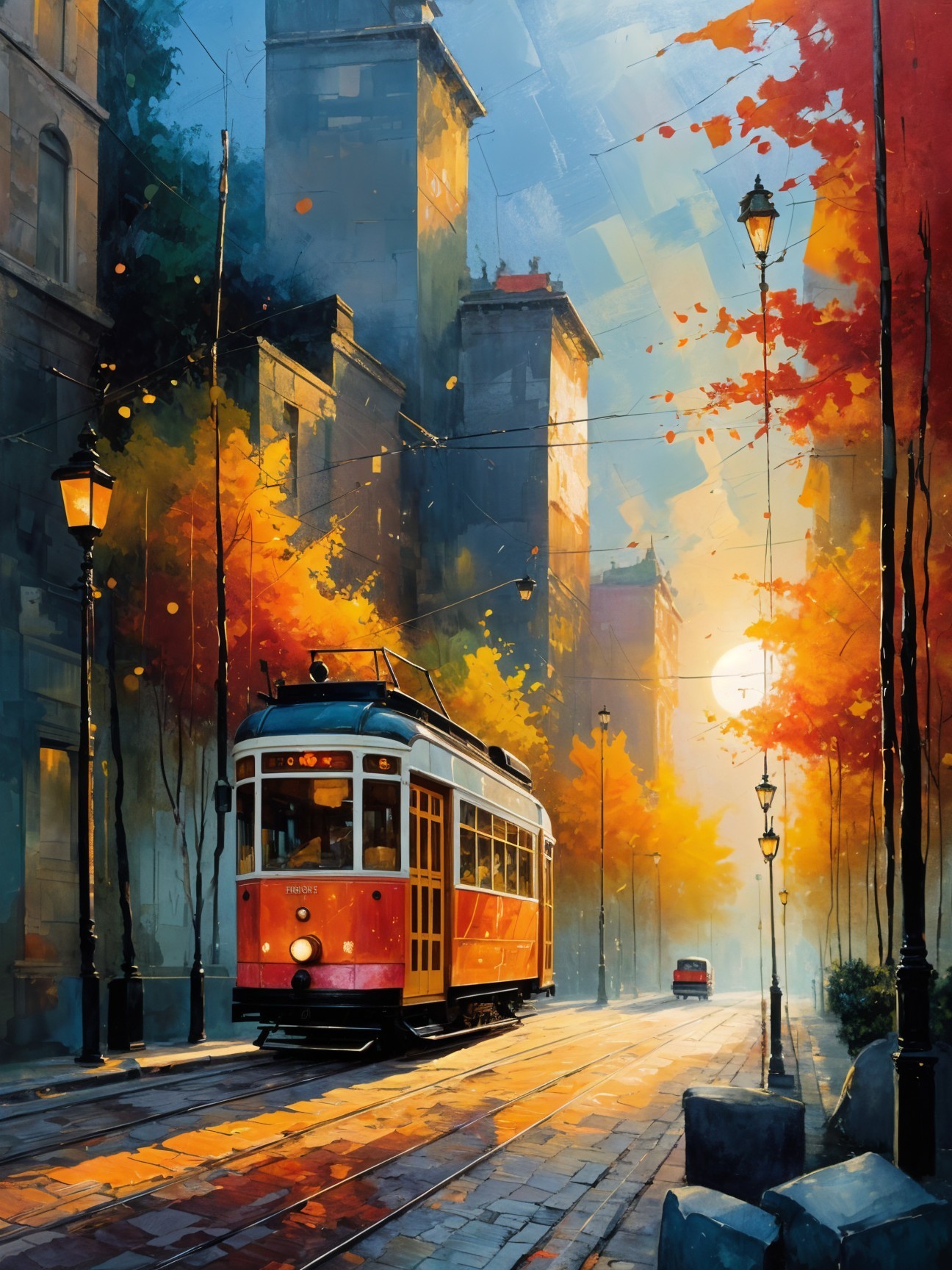 Vintage Tram in Autumn City Scene with Sunlight
