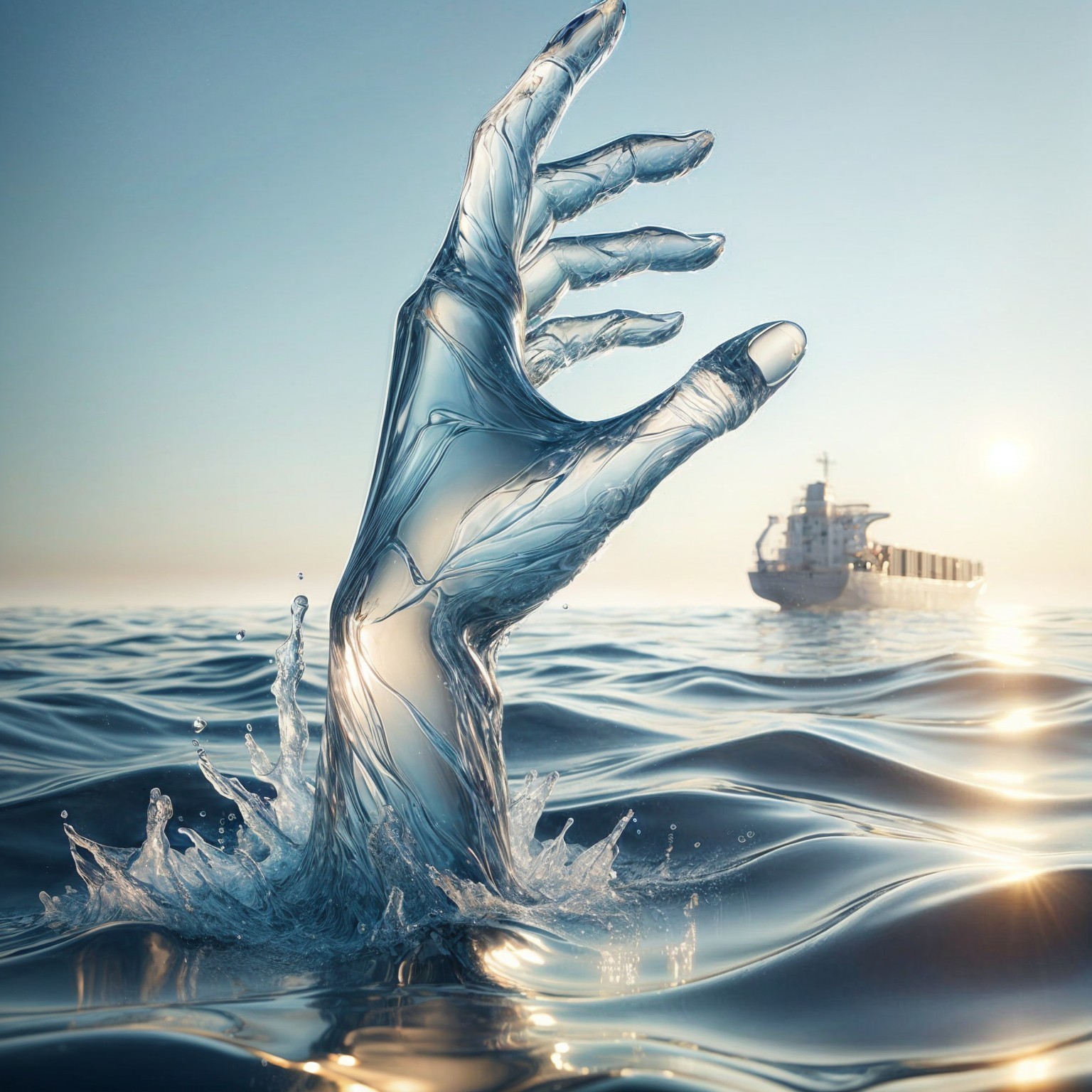 Translucent Hand Emerging from Serene Water at Sunrise