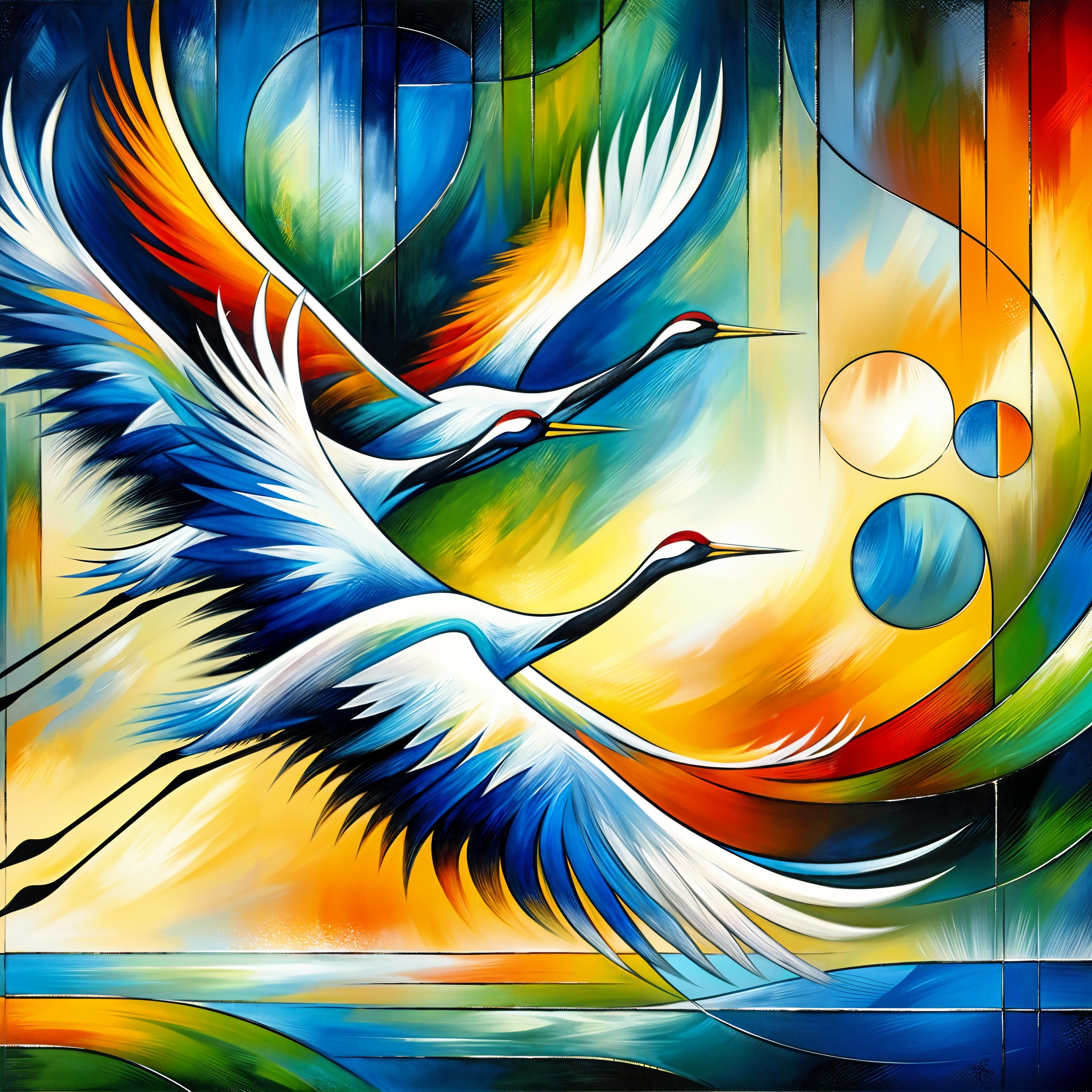 Cranes in Flight Against a Vibrant Abstract Background