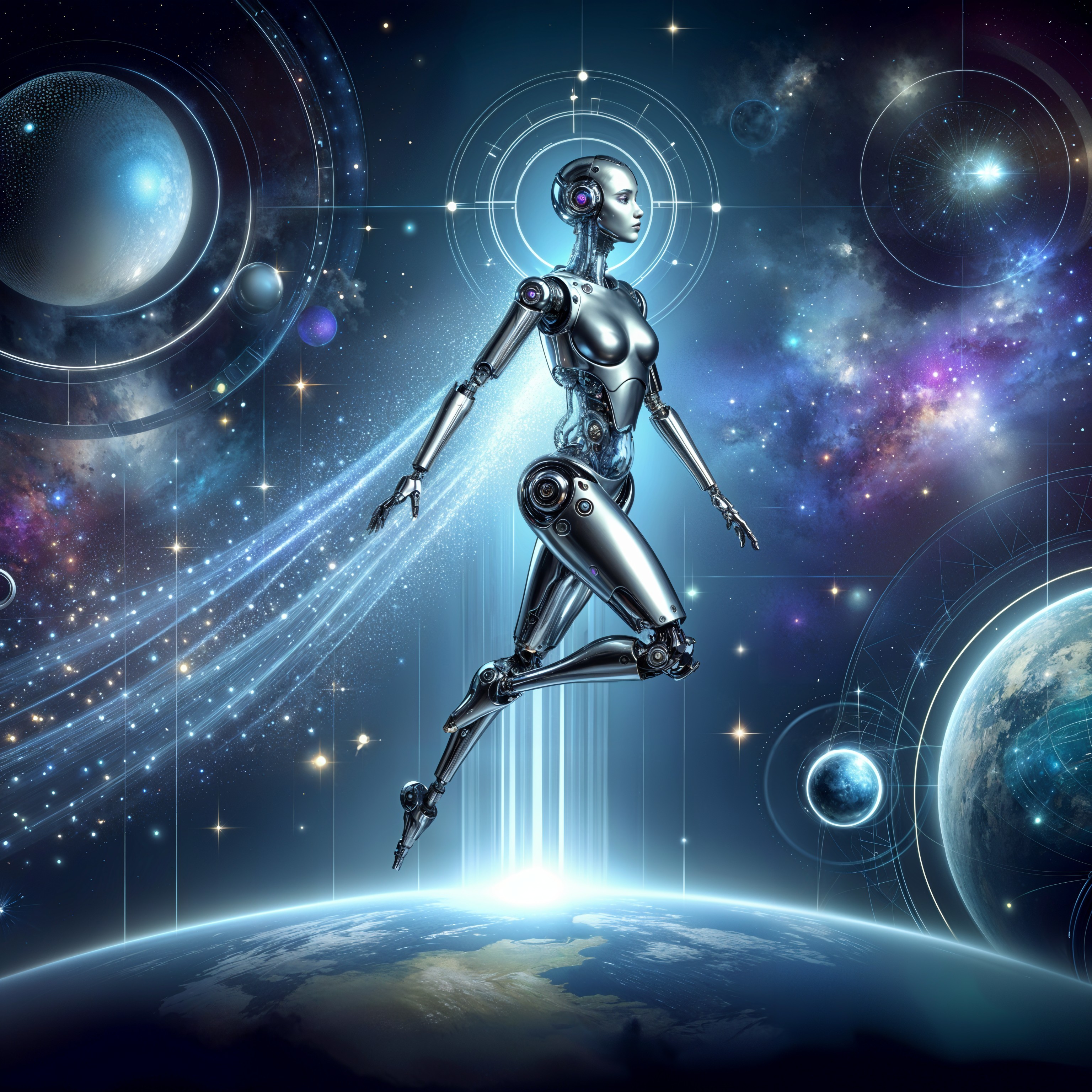 Futuristic Robot Hovering in a Vibrant Cosmos