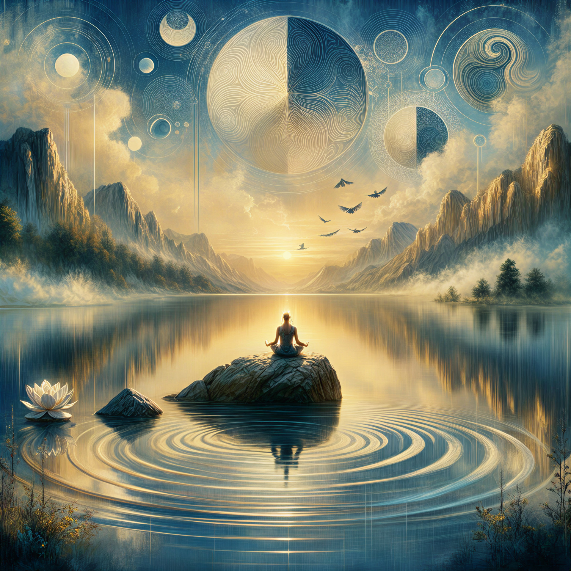 Meditation Scene by a Tranquil Lake and Mountains