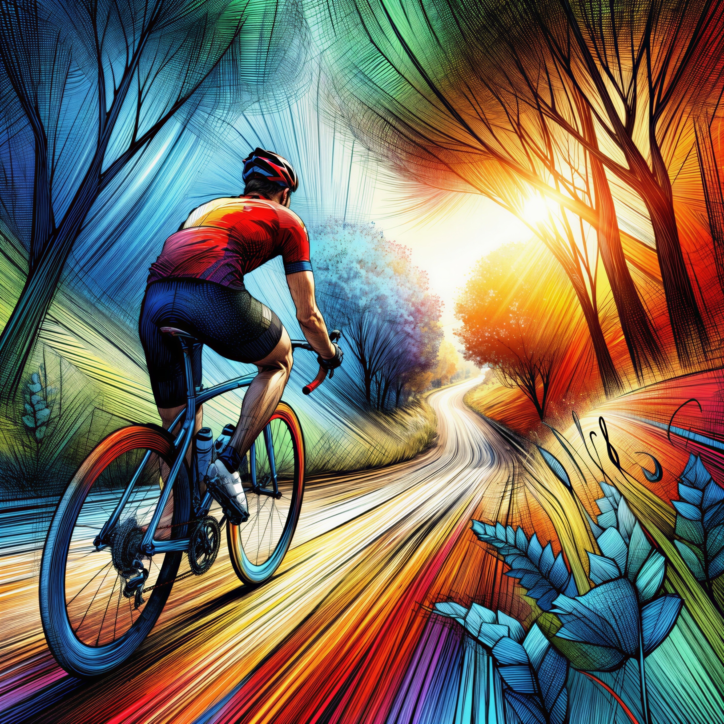 Cyclist on a vibrant sunlit path with abstract trees
