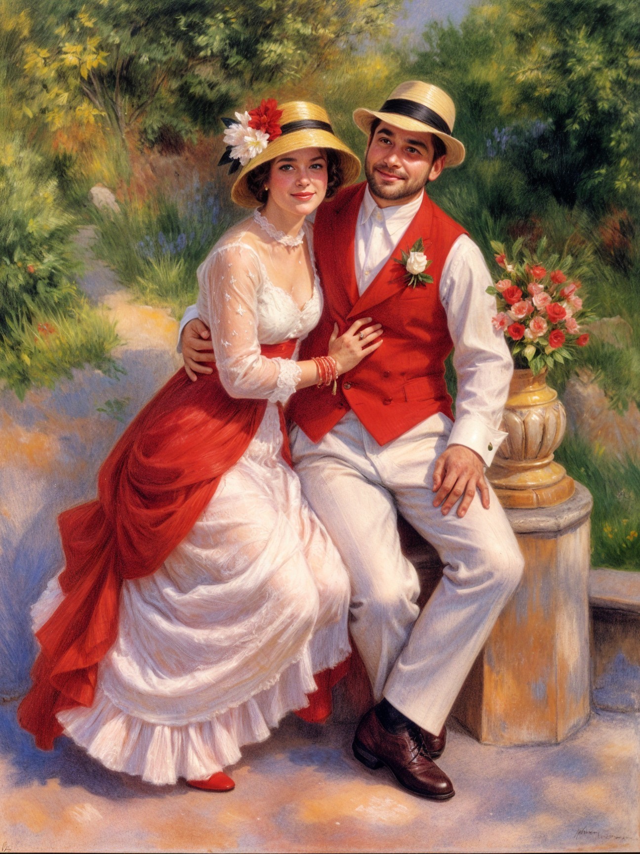 Charming Couple in Serene Outdoor Setting with Flowers