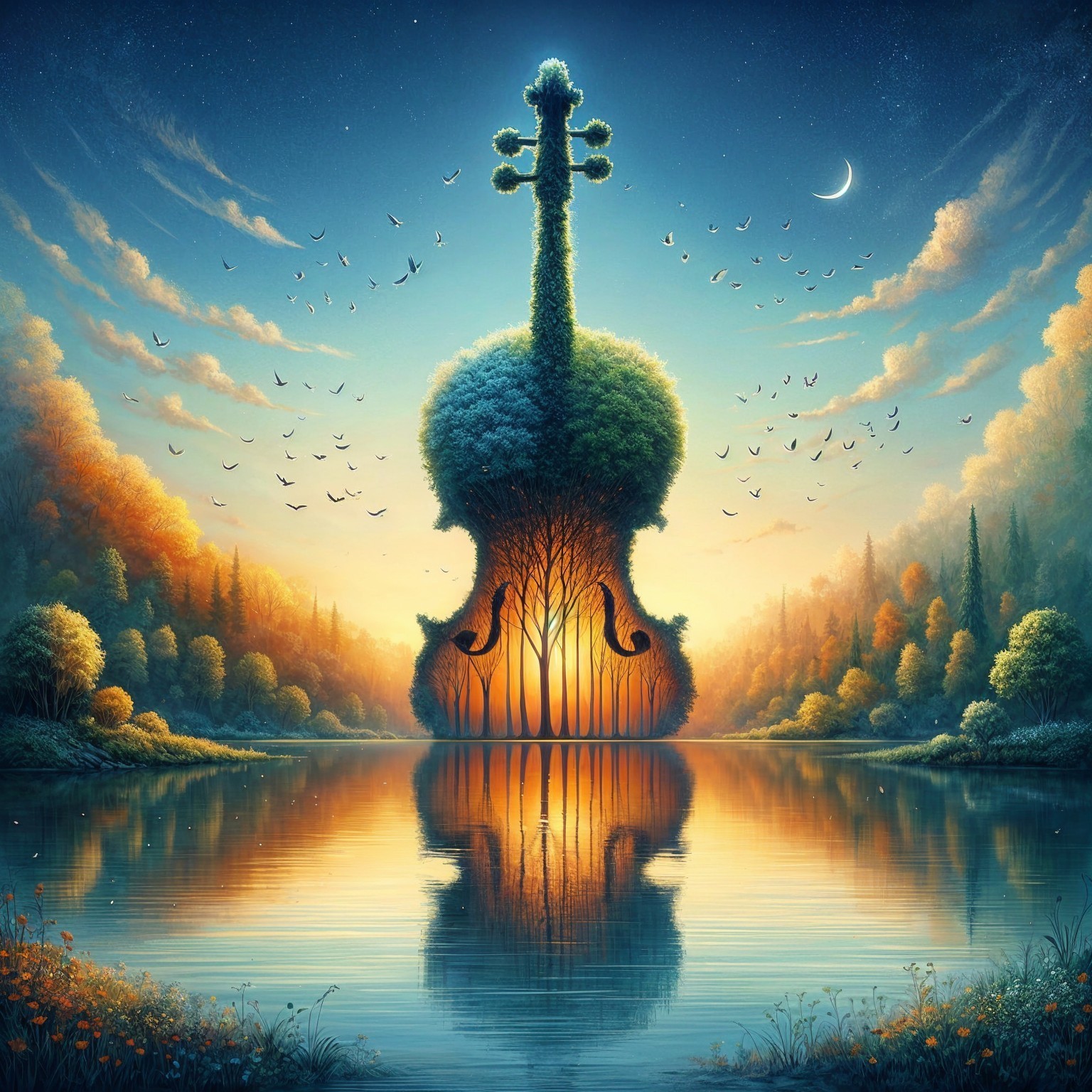 Giant Greenery Violin by a Serene Lake at Sunset