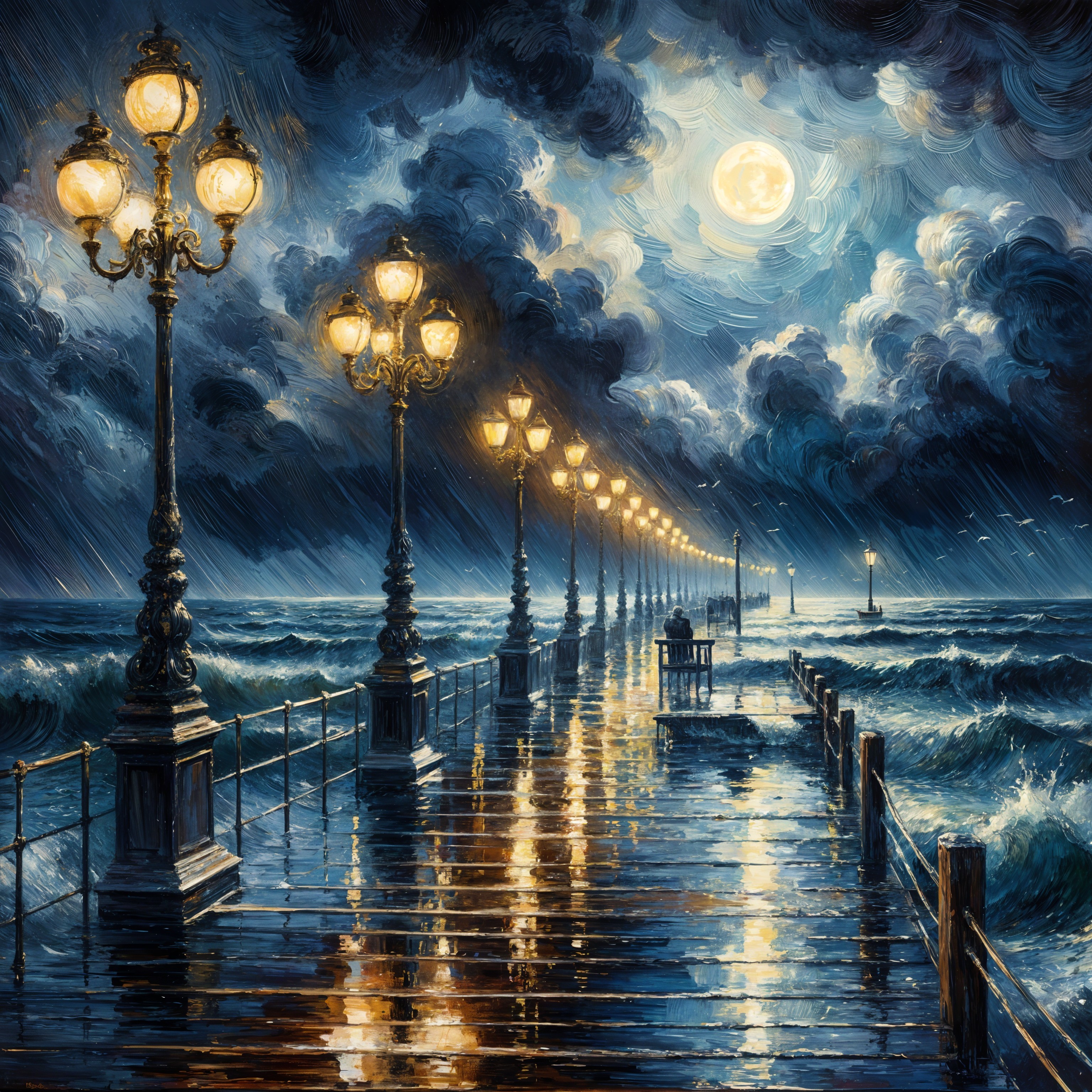 Serene Night Scene with Pier and Dramatic Clouds