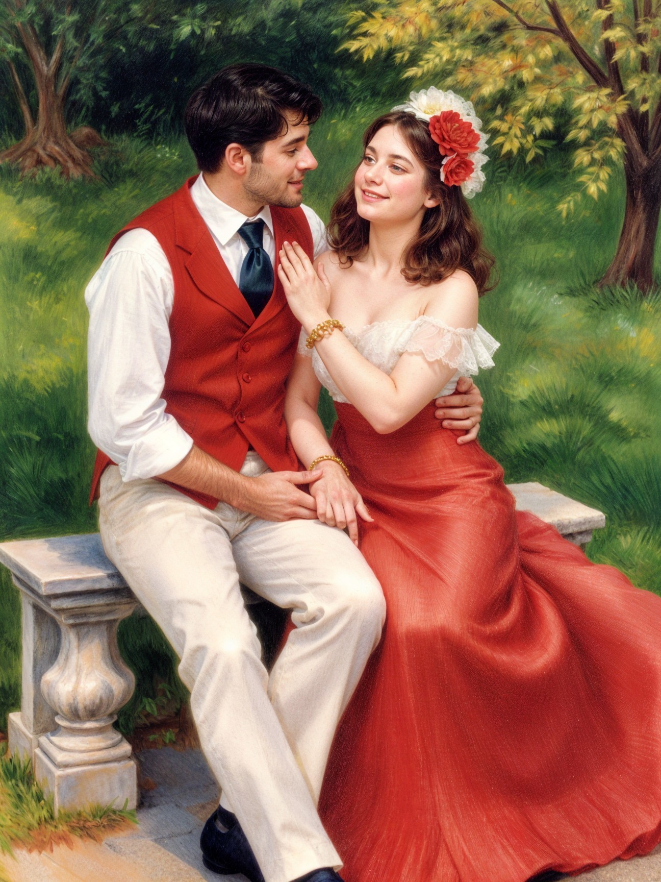 Couple in Romantic Setting at Lush Park Bench