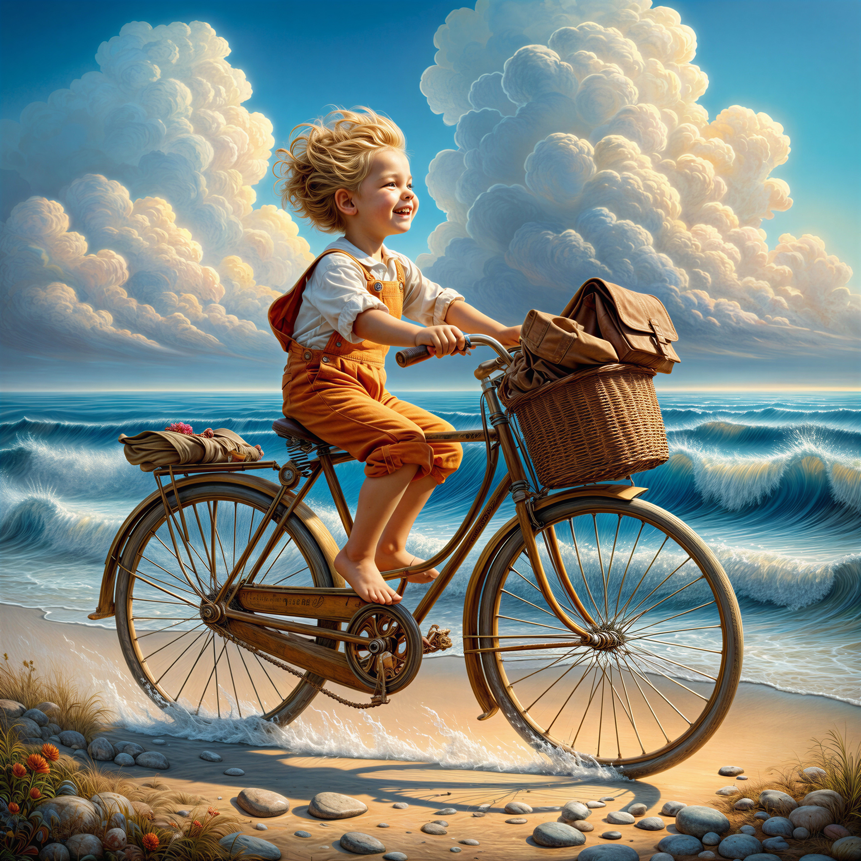 Child Riding Vintage Bicycle on Sandy Beach