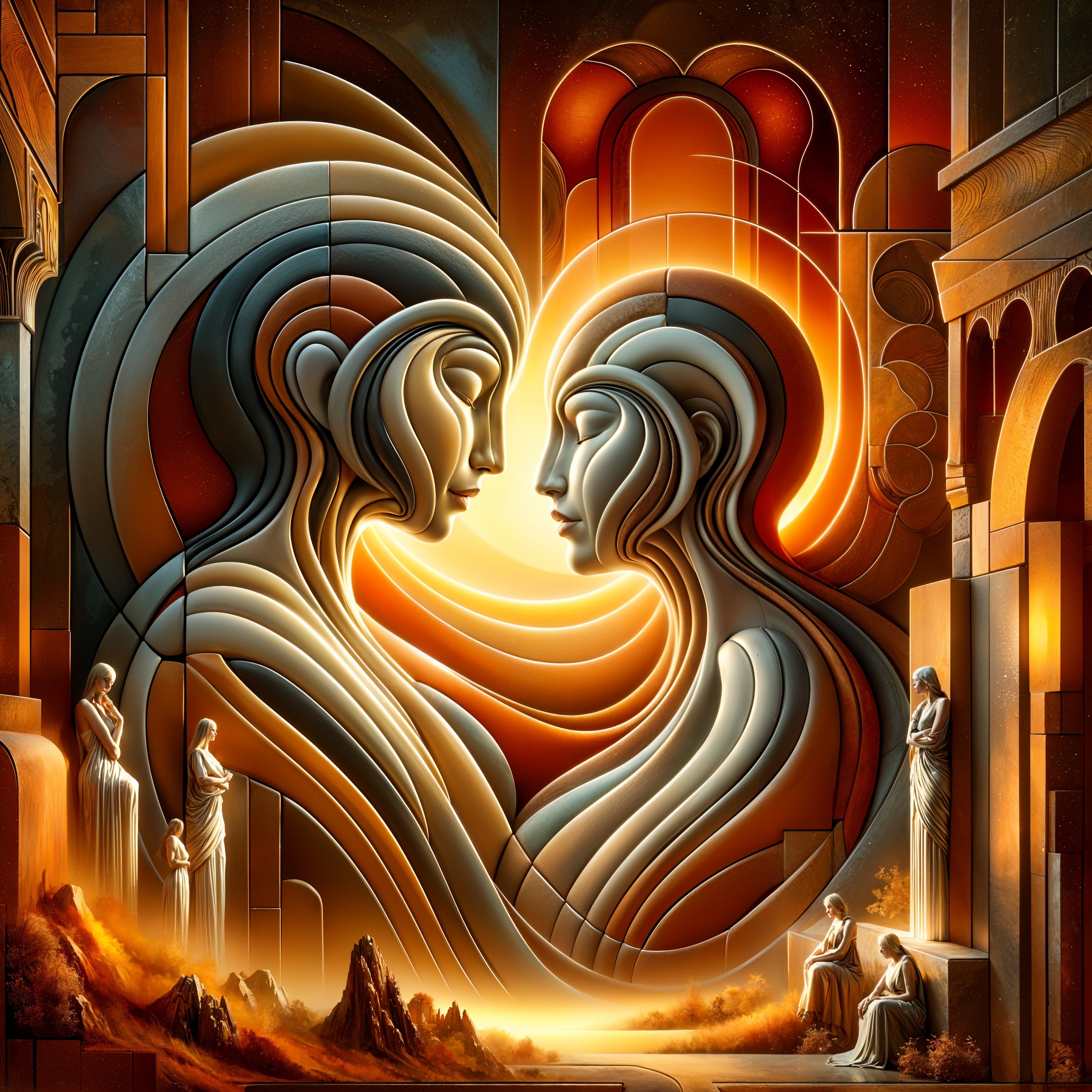 Stylized Intertwined Female Figures with Abstract Patterns