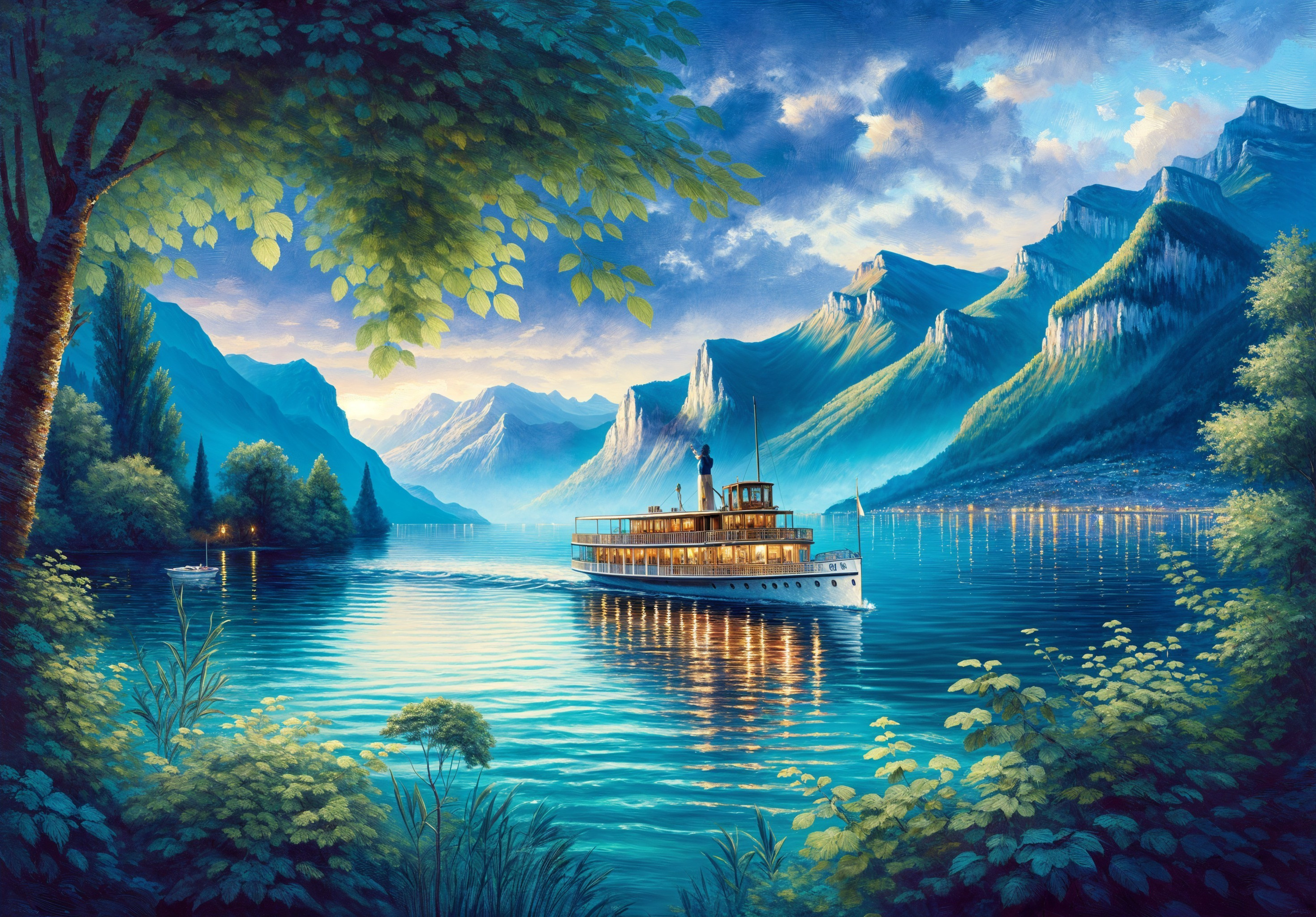 Serene Landscape with Ship on Calm Lake at Sunset