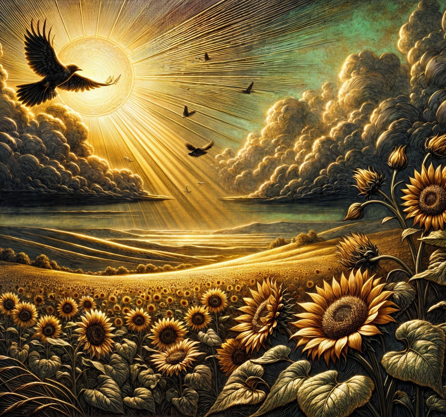 Radiant Landscape with Sunflowers and Rolling Hills