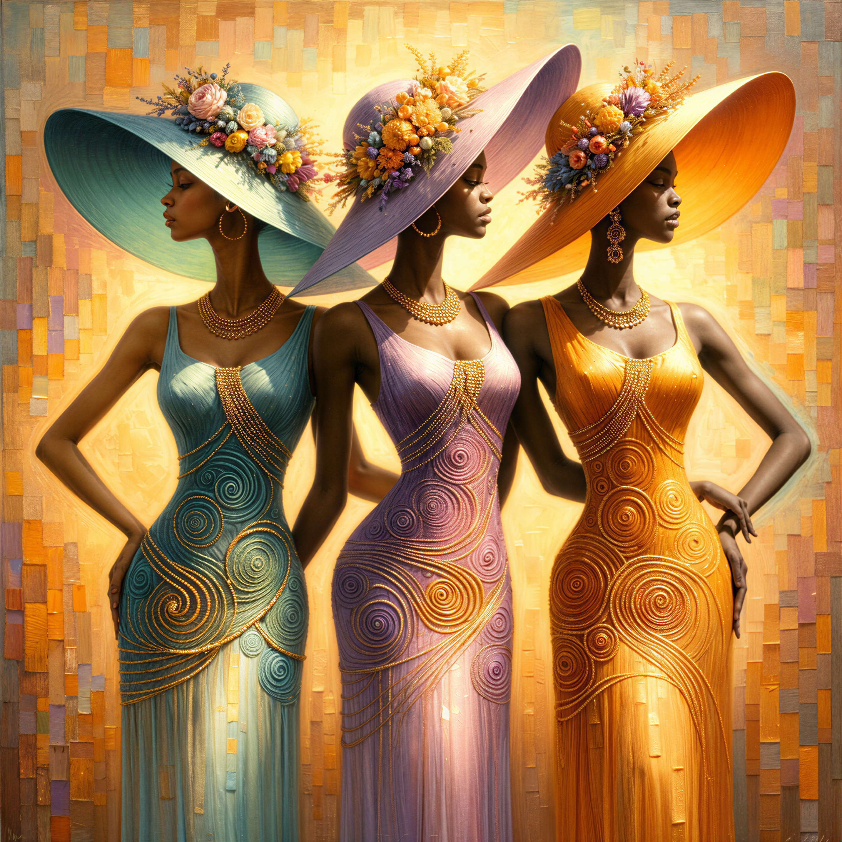 Elegant Women in Colorful Gowns with Floral Hats