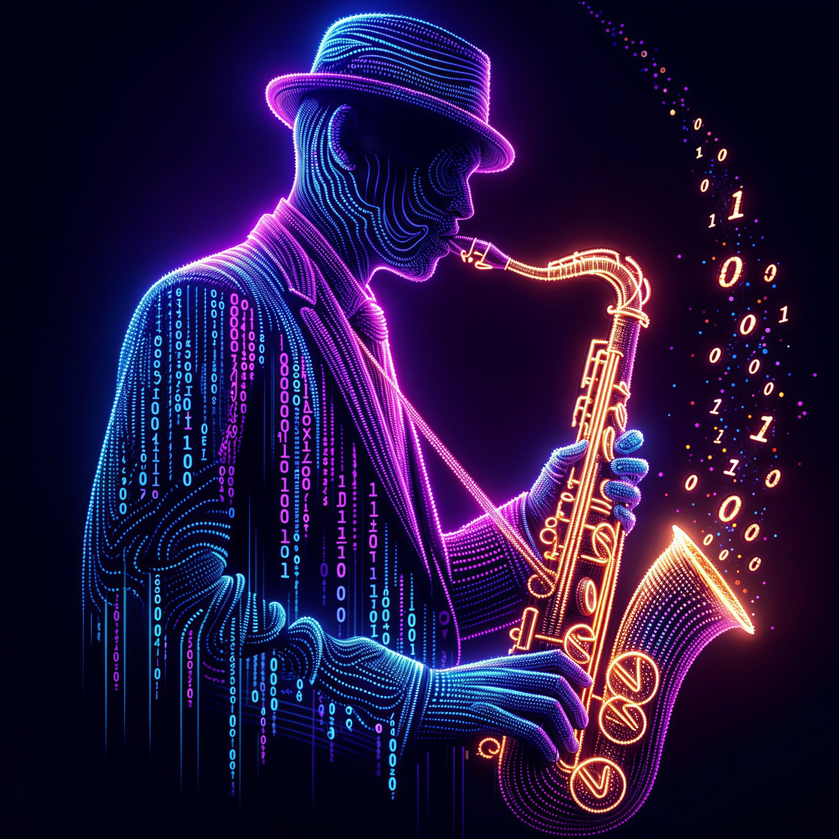 Saxophonist Silhouette in Neon with Binary Code Elements