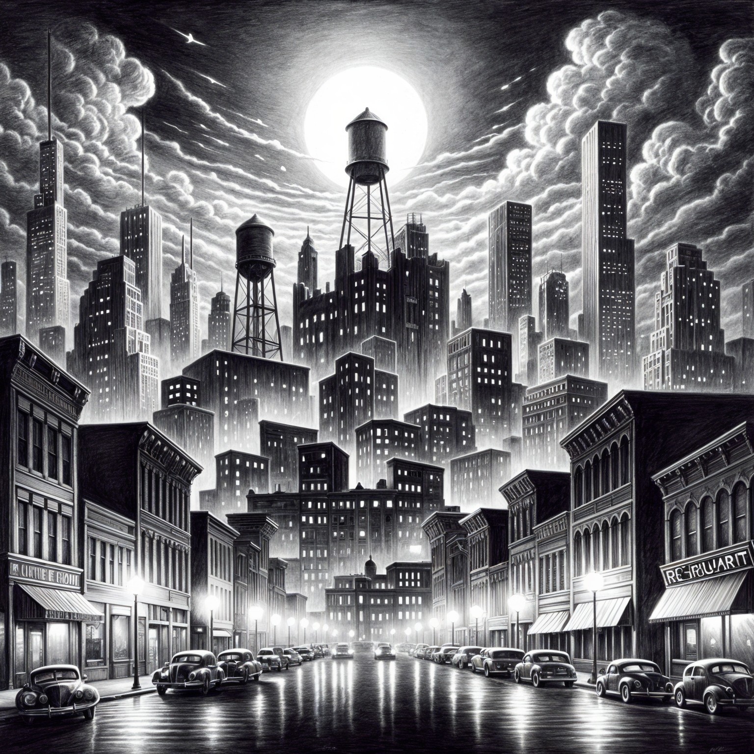 Black-and-White Cityscape with Skyscrapers and Moon