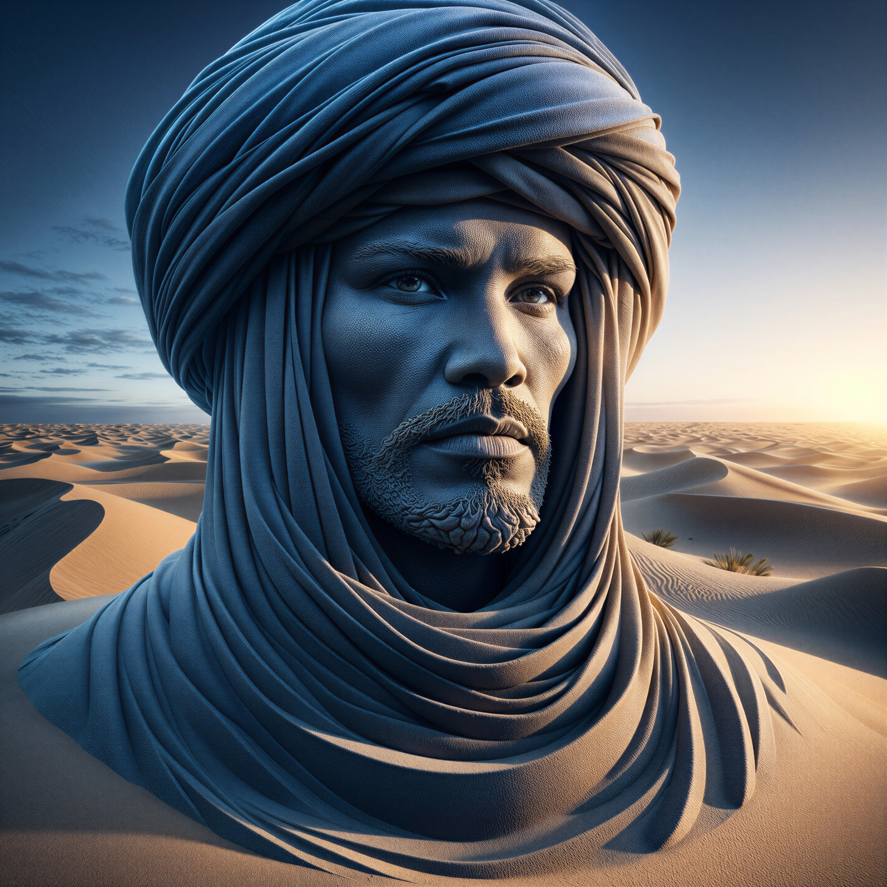 Sculpture of a Man with Turban in Desert Landscape