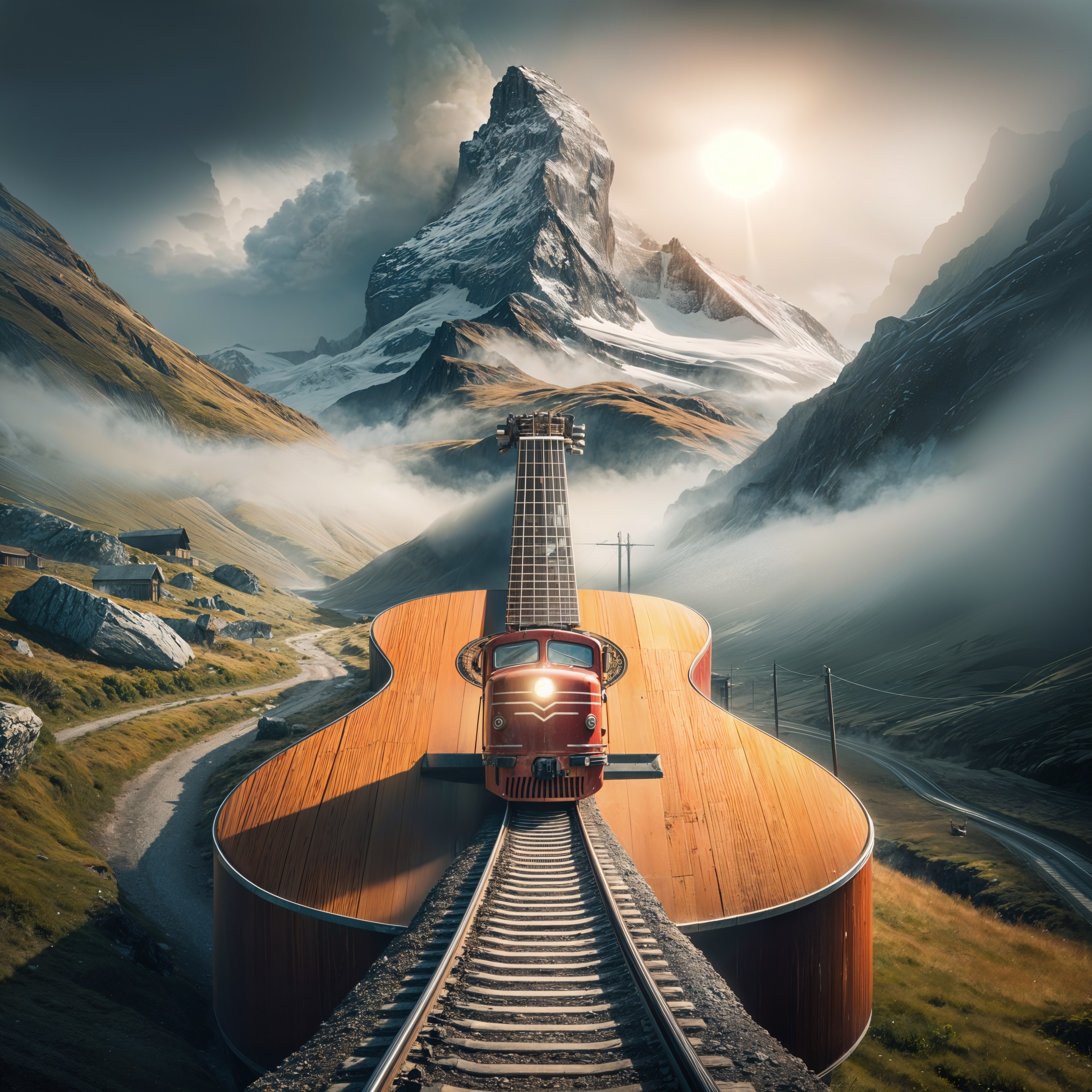 Surreal Landscape with Giant Guitar and Train Fantasy