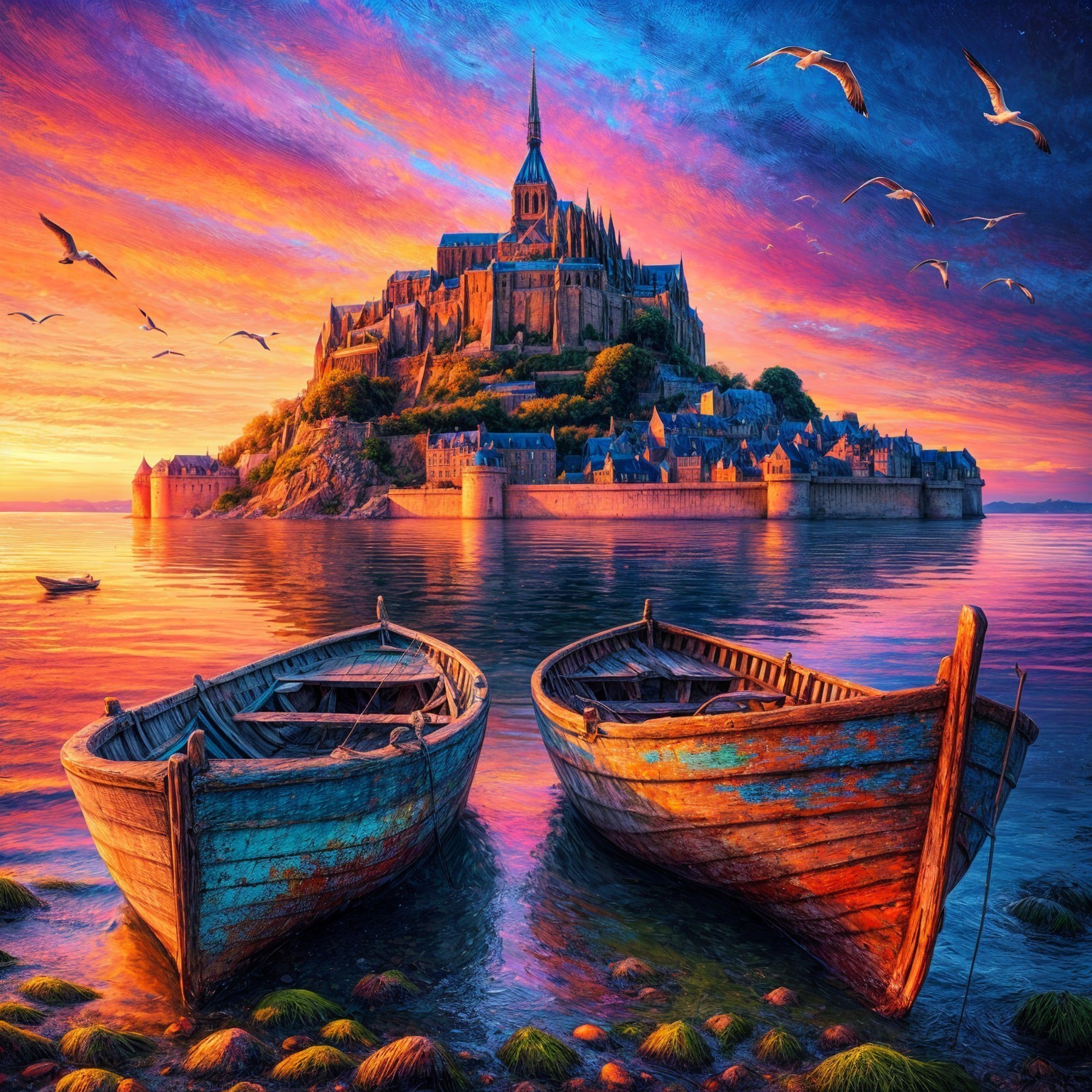 Sunset Over Mont Saint-Michel with Boats and Seagulls