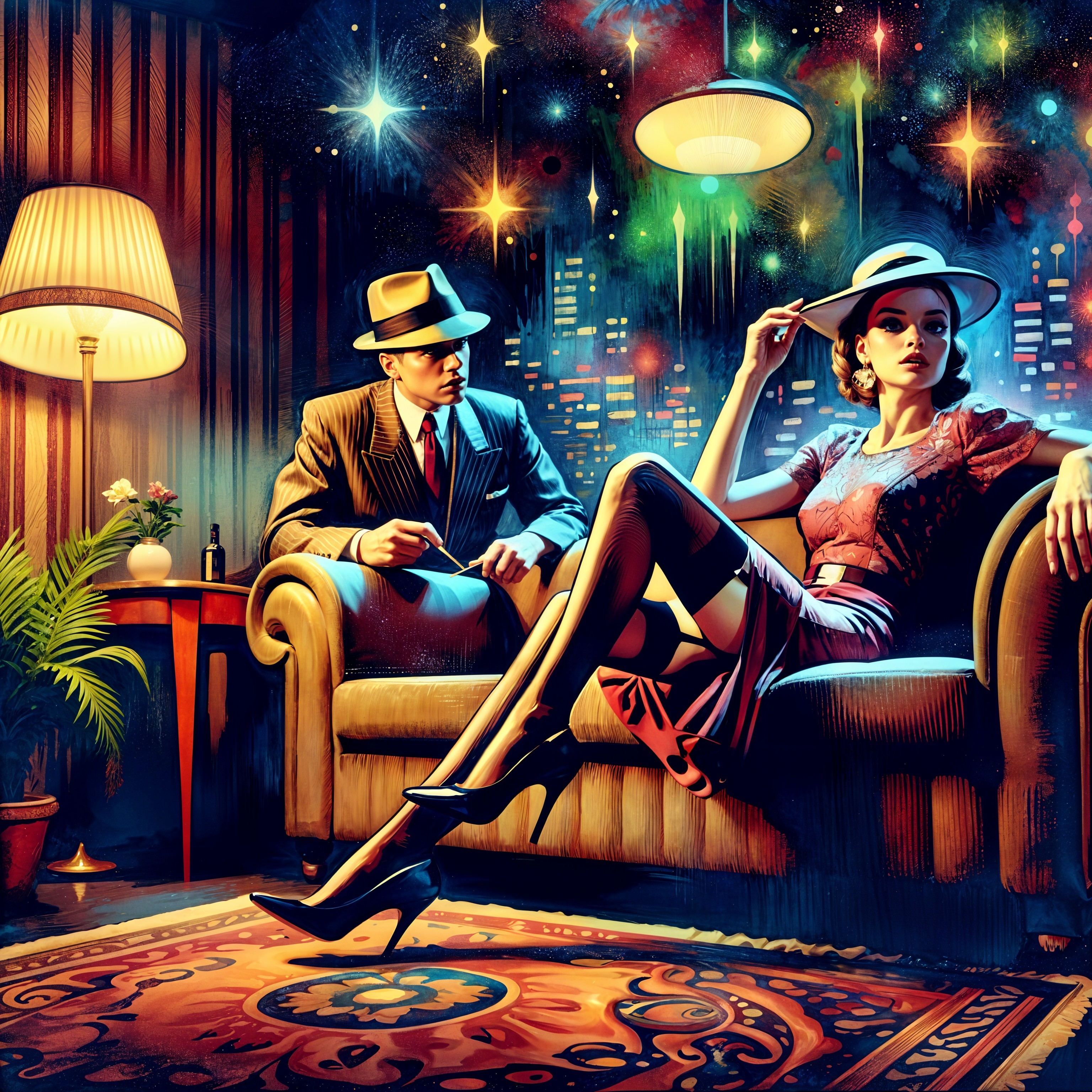 Vintage Setting with Man and Woman in Cosmic Backdrop