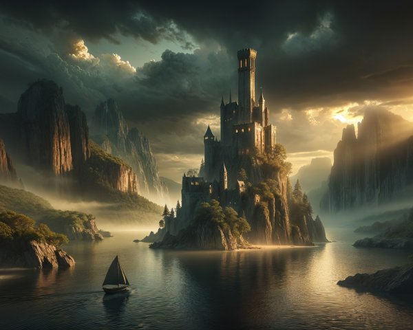 Castle on Rocky Island Surrounded by Misty Waters