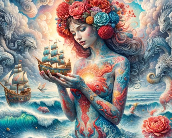 Surreal Scene of Woman with Floral Hair and Ocean Waves