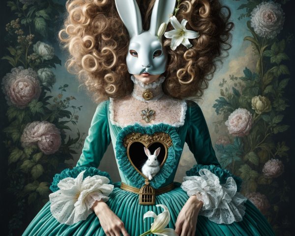 Surreal Figure in Turquoise Gown with Rabbit Mask