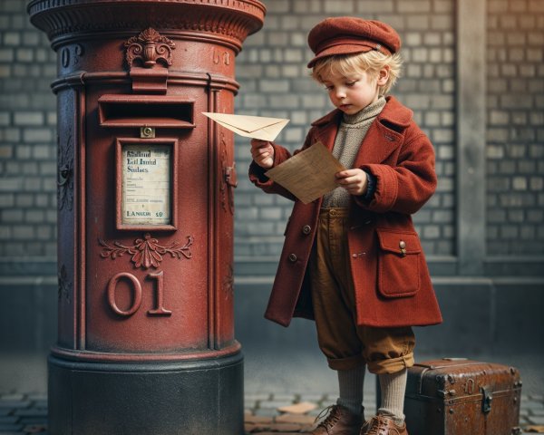 Young Boy with Letter by Vintage Postal Box