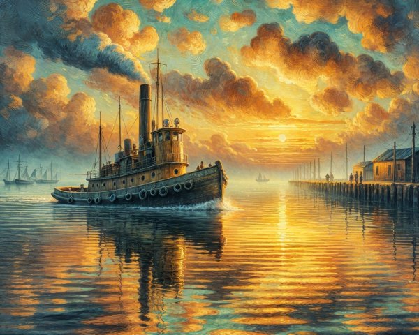Vintage Steamboat at Sunset in Tranquil Harbor