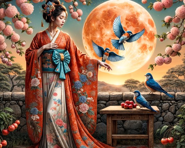Woman in Orange Kimono Amidst Cherry Blossoms and Moon