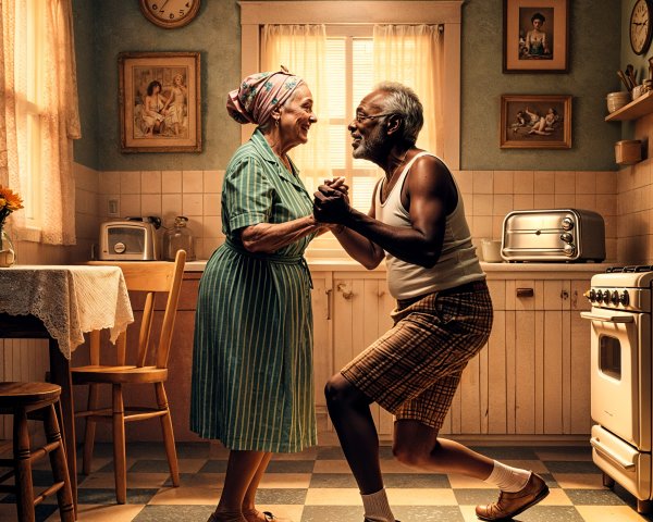 Elderly Couple Dancing in a Nostalgic Kitchen Setting