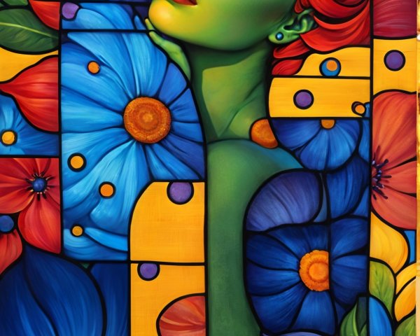 Vibrant Portrait of a Woman with Green Skin and Flowers
