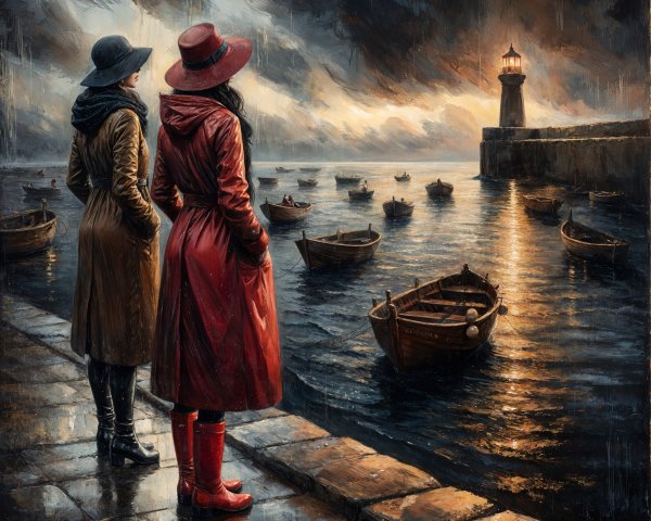Seaside Scene with Women and Lighthouse at Dusk
