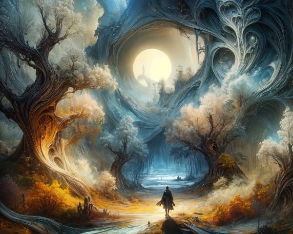 Mystical Landscape with Twisted Trees and Ethereal Light