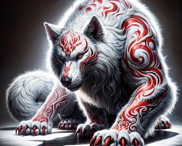 Stylized Wolf with Tribal Tattoos and Dramatic Lighting