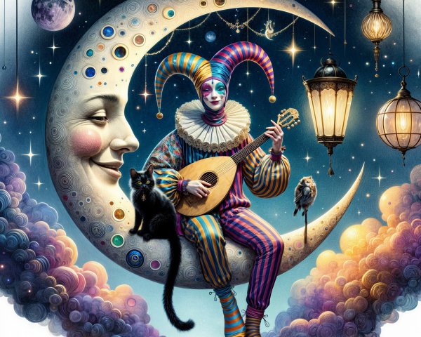 Whimsical Jester on Crescent Moon with Celestial Elements