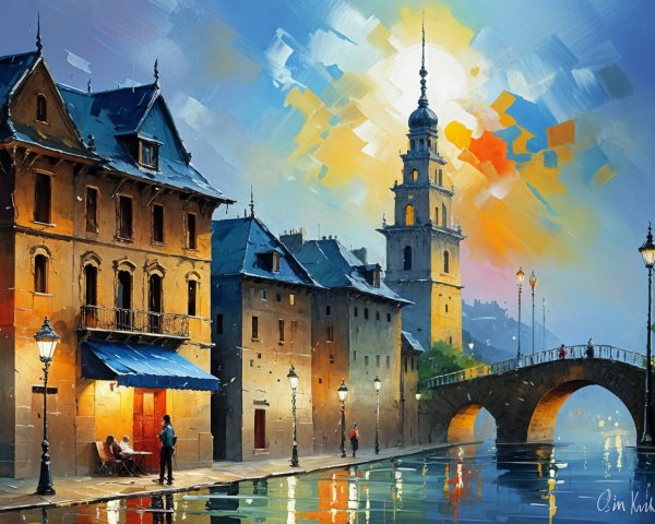 Riverside Scene with Quaint Buildings and Clock Tower