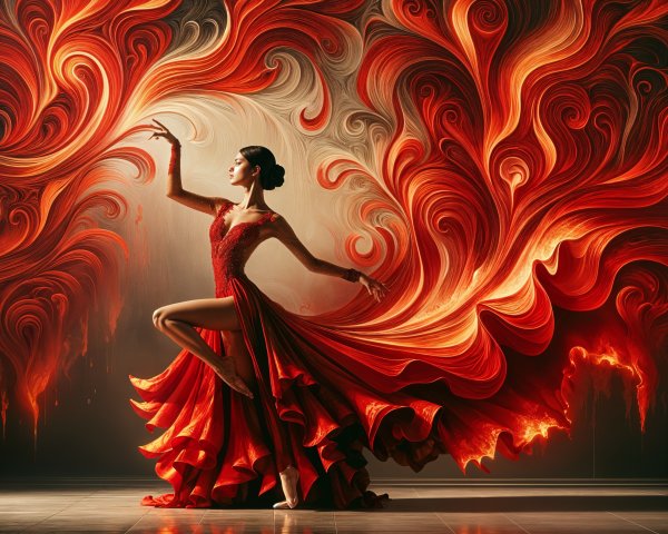 Ballerina in Red Gown Against Vibrant Fire-Inspired Background