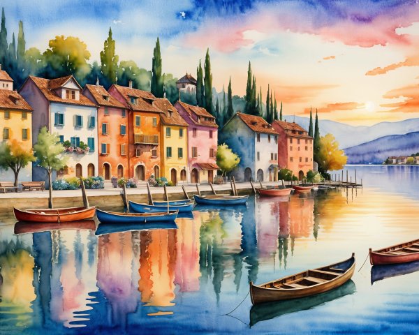 Serene Lakeside Scene with Pastel Houses at Sunset