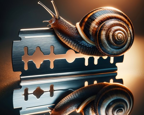 Snail on Metallic Razor Blade with Reflective Contrast