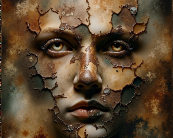 Portrait of a Face with Cracked Rust-Like Textures