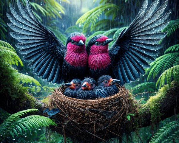 Vivid Birds Nurturing Fledglings in Rainforest Nest
