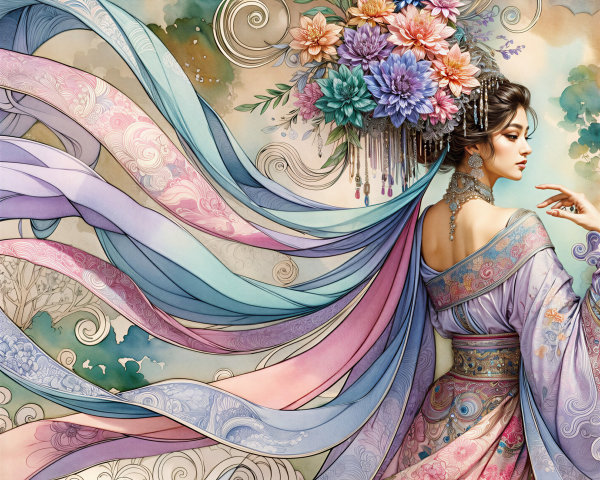 Graceful figure in patterned robes with floral headdress